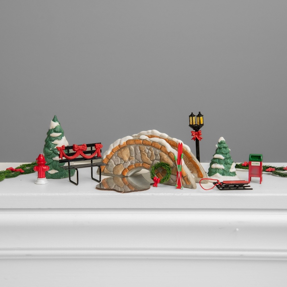 Department 56 Accessories Heritage Village Display Winter Bridge Sled Tree Bench
